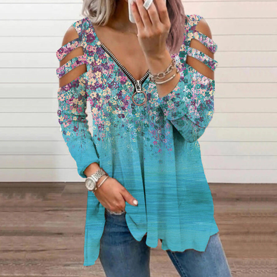 Small Floral V-neck Zipper Off-shoulder Long-sleeved Top