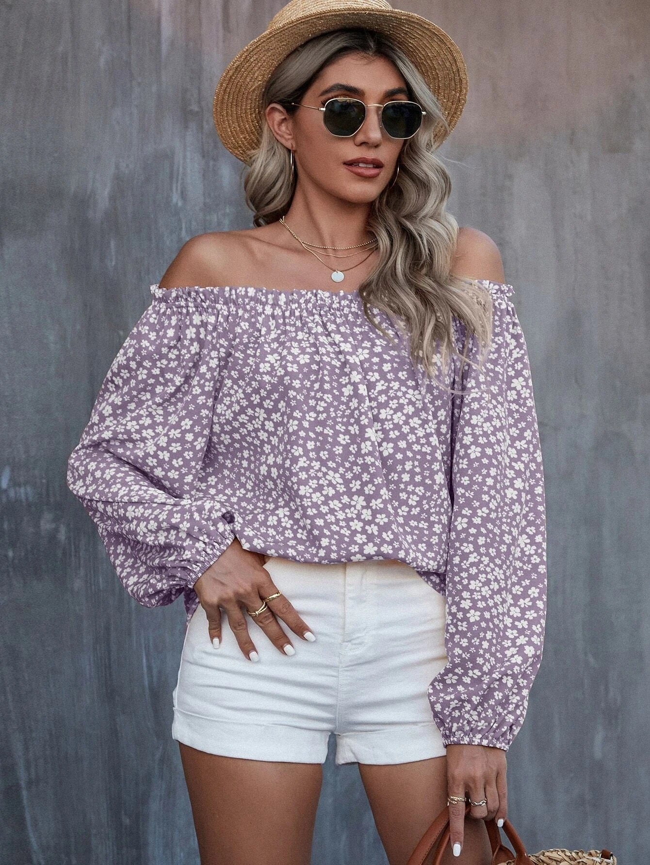 Women's Off-shoulder Printed Long Sleeve Loose Shirt