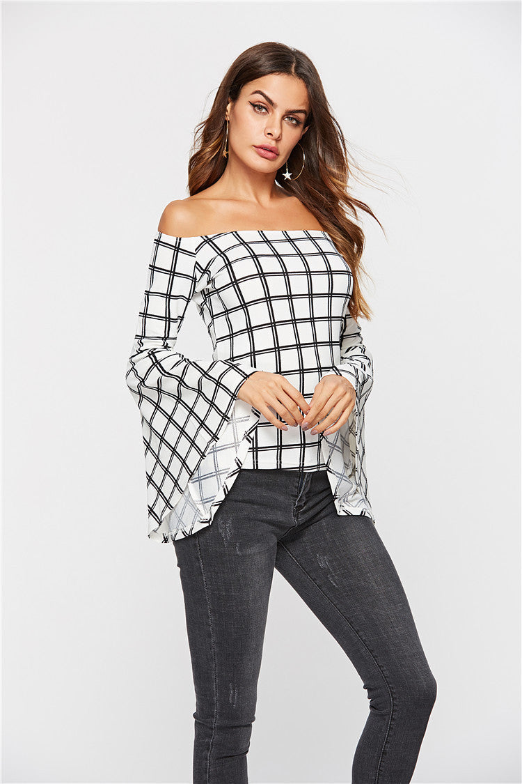 Off-The-Shoulder Word Neck Flared Sleeve Loose Women Long-Sleeved T-Shirt