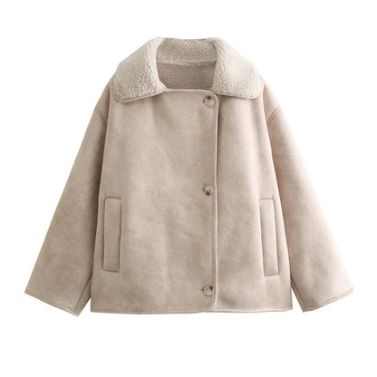 Polo Collar Fur Suede Fleece-lined Warm Coat For Women