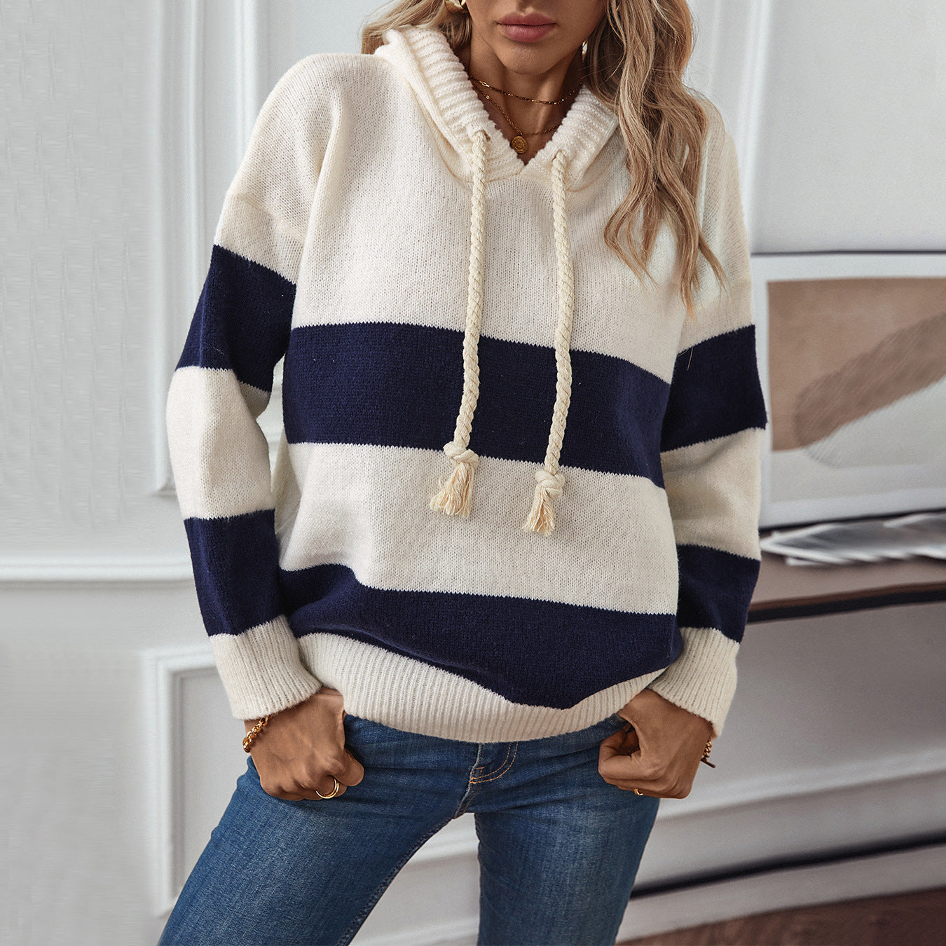 Hooded Color Contrast Pullover Sweater Top