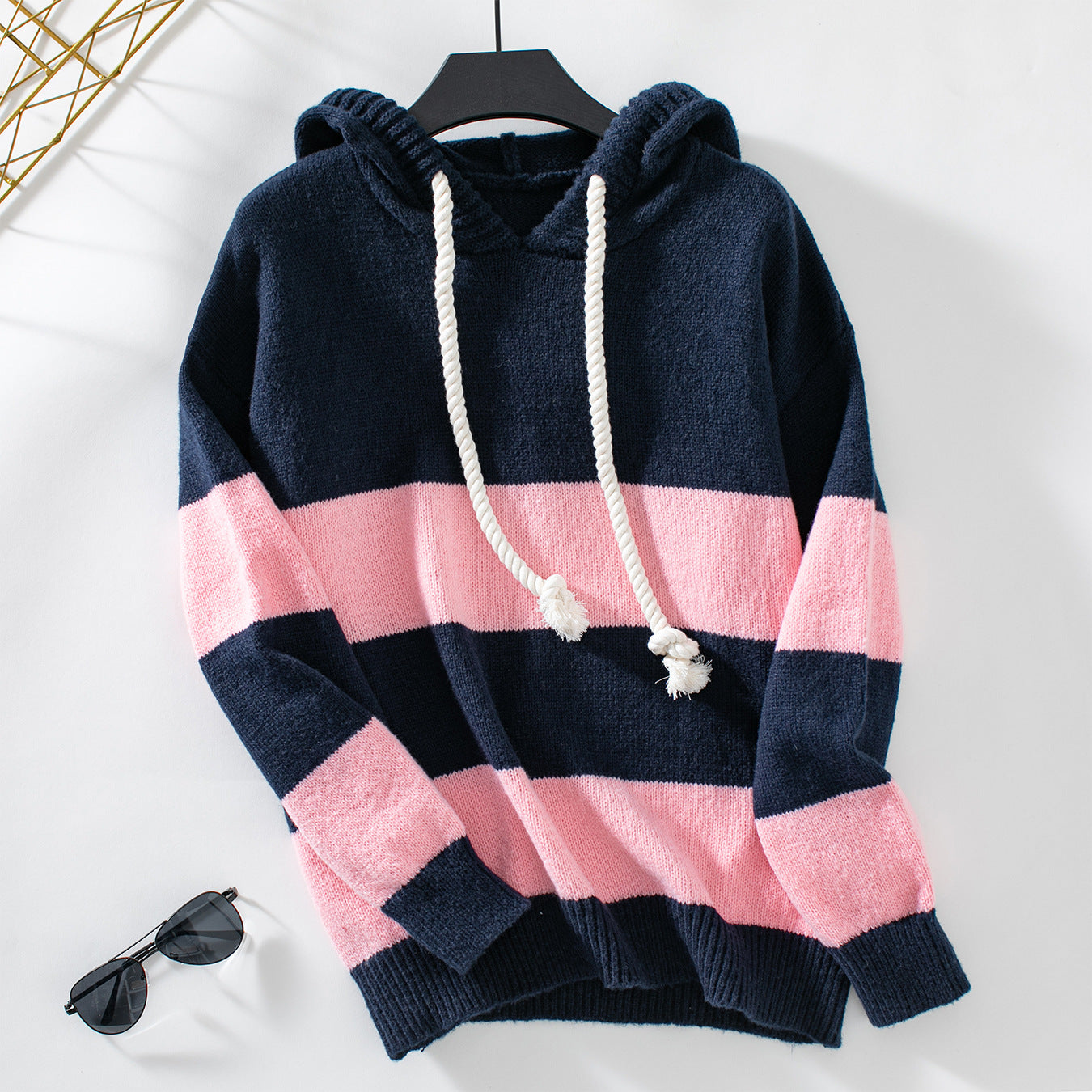 Hooded Color Contrast Pullover Sweater Top