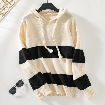 Hooded Color Contrast Pullover Sweater Top