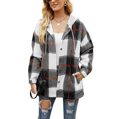 Ladies Plaid Coat Hooded Casual Loose Shirt