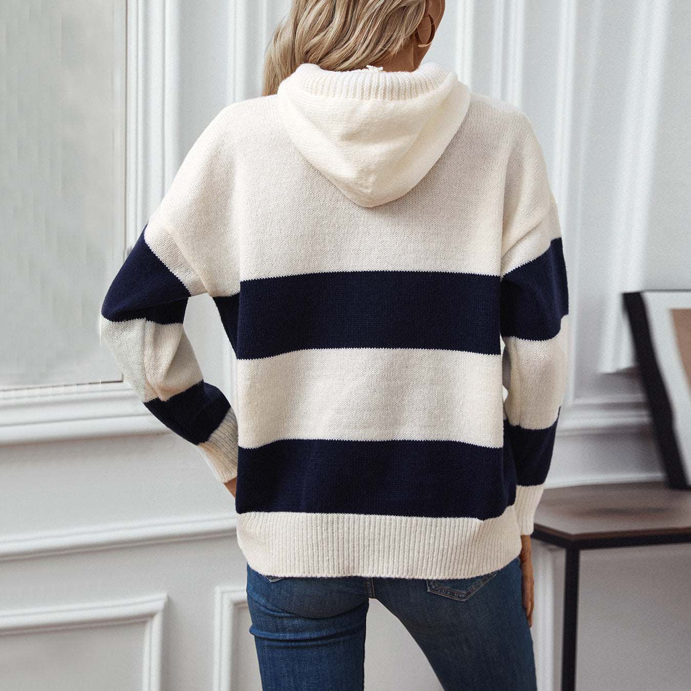 Hooded Color Contrast Pullover Sweater Top