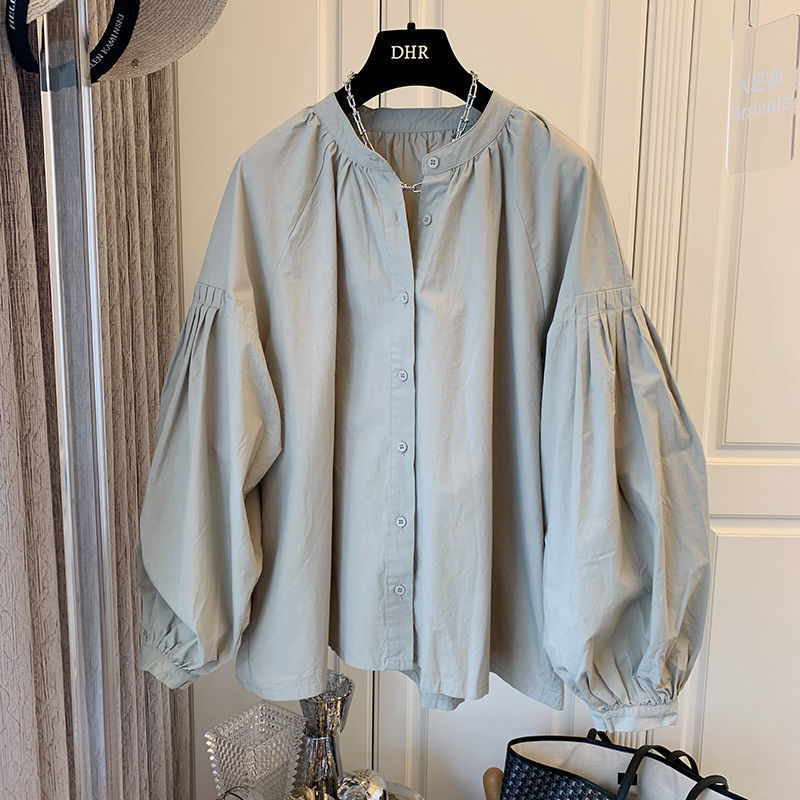 Retro French Pleated Puff Sleeve Loose V-neck Shirt