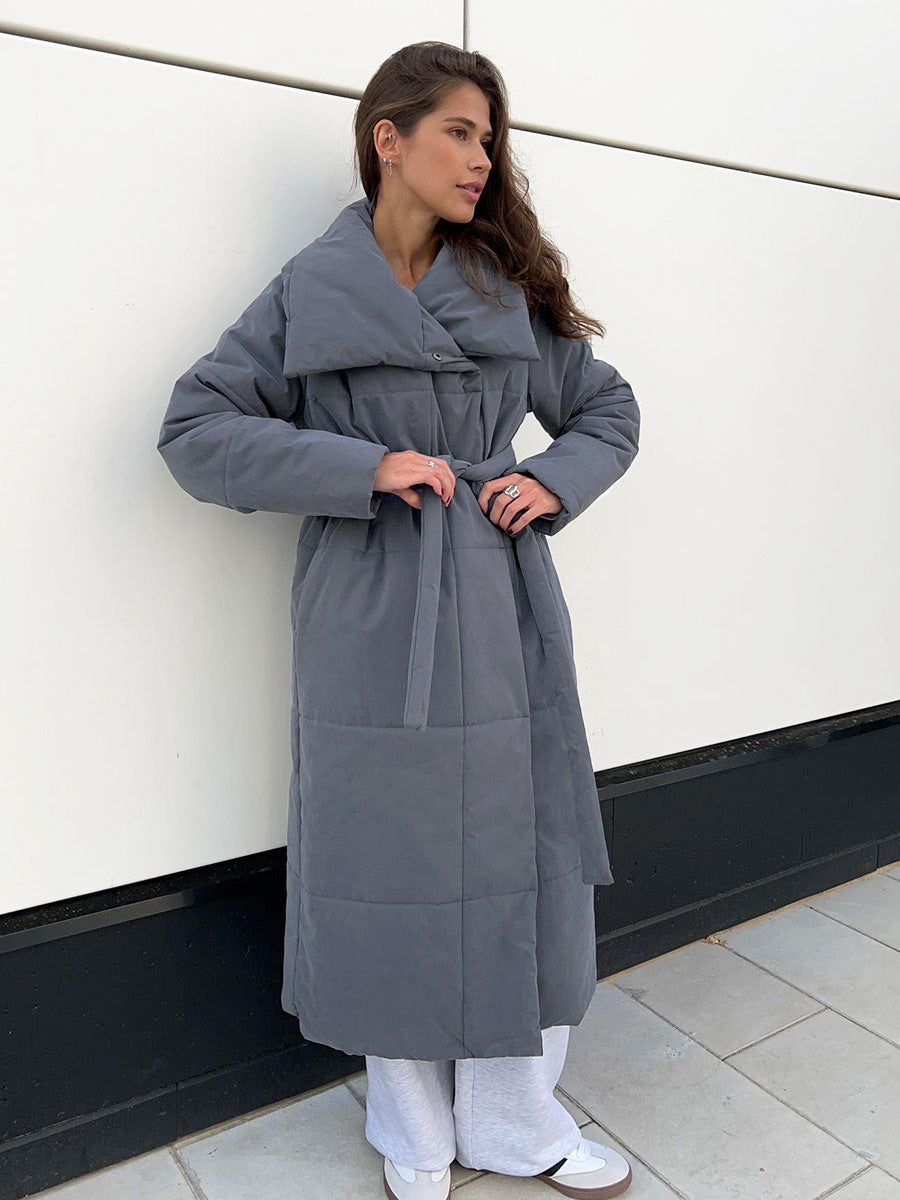 Fashion Large Lapel Long Coat Winter Warm Cotton Jacket With Pockets And Lace-up Design Casual