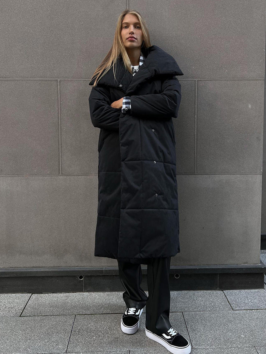 Fashion Large Lapel Long Coat Winter Warm Cotton Jacket With Pockets And Lace-up Design Casual