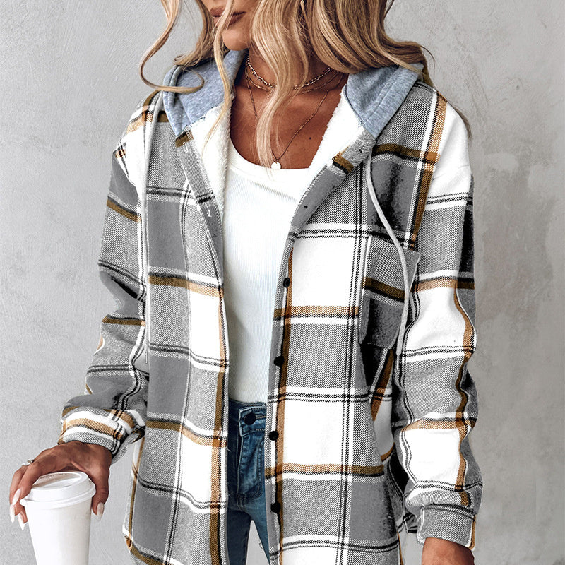 European And American Fashion Women's Wear Solid Color Plaid Hooded Jacket