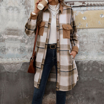 New Brushed Plaid Long Coat With Pockets Fashion Winter