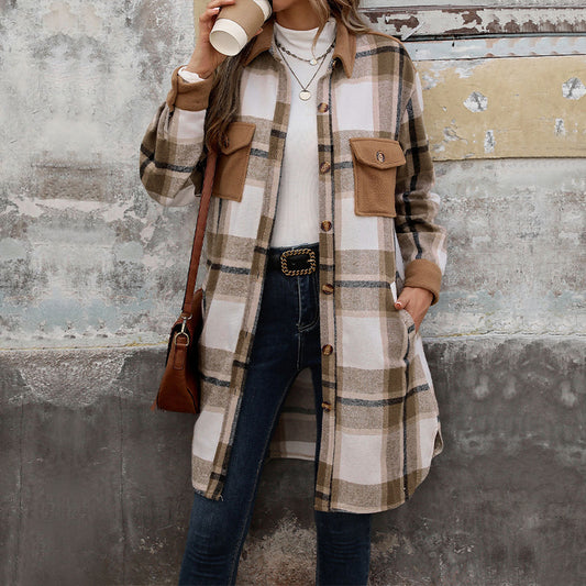 New Brushed Plaid Long Coat With Pockets Fashion Winter