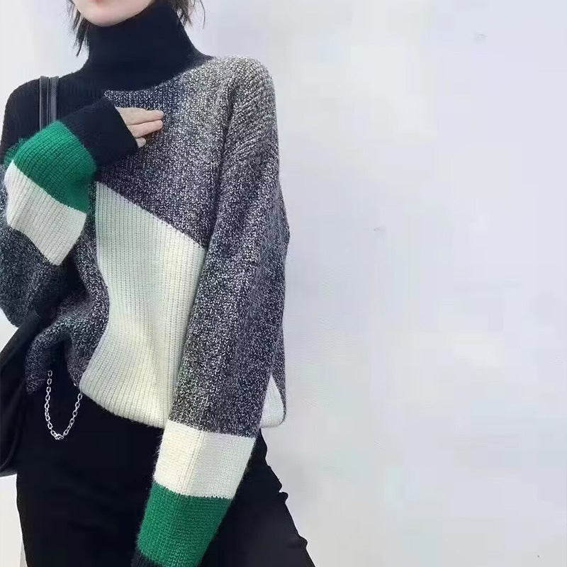 Retro Patchwork Contrast Color Turtleneck Fashionable Sweater