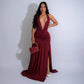 European And American Elegant Halter V-neck Dress Sexy Slit Pleated Backless Dress