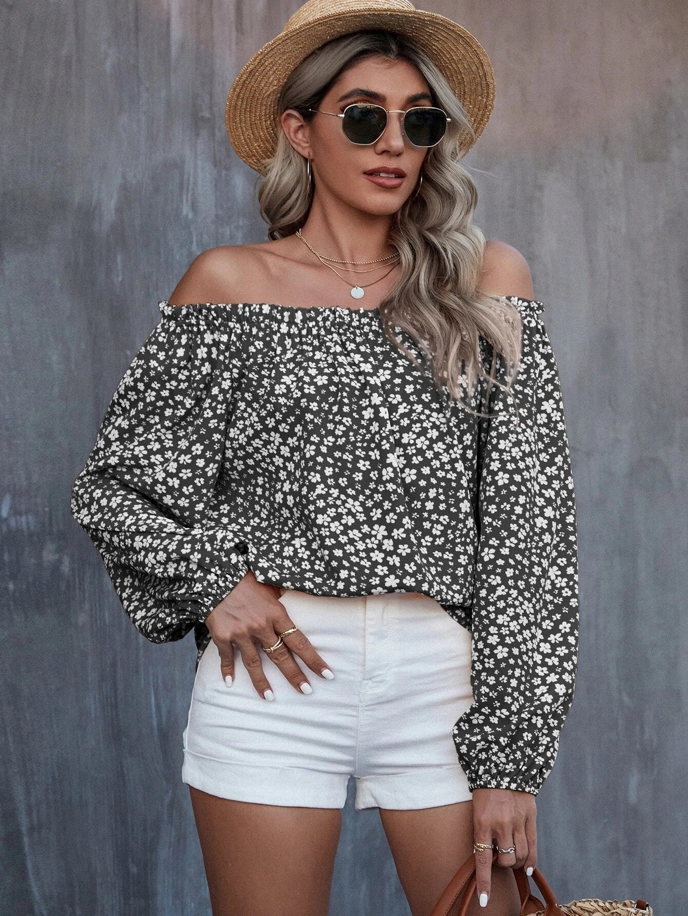 Women's Off-shoulder Printed Long Sleeve Loose Shirt