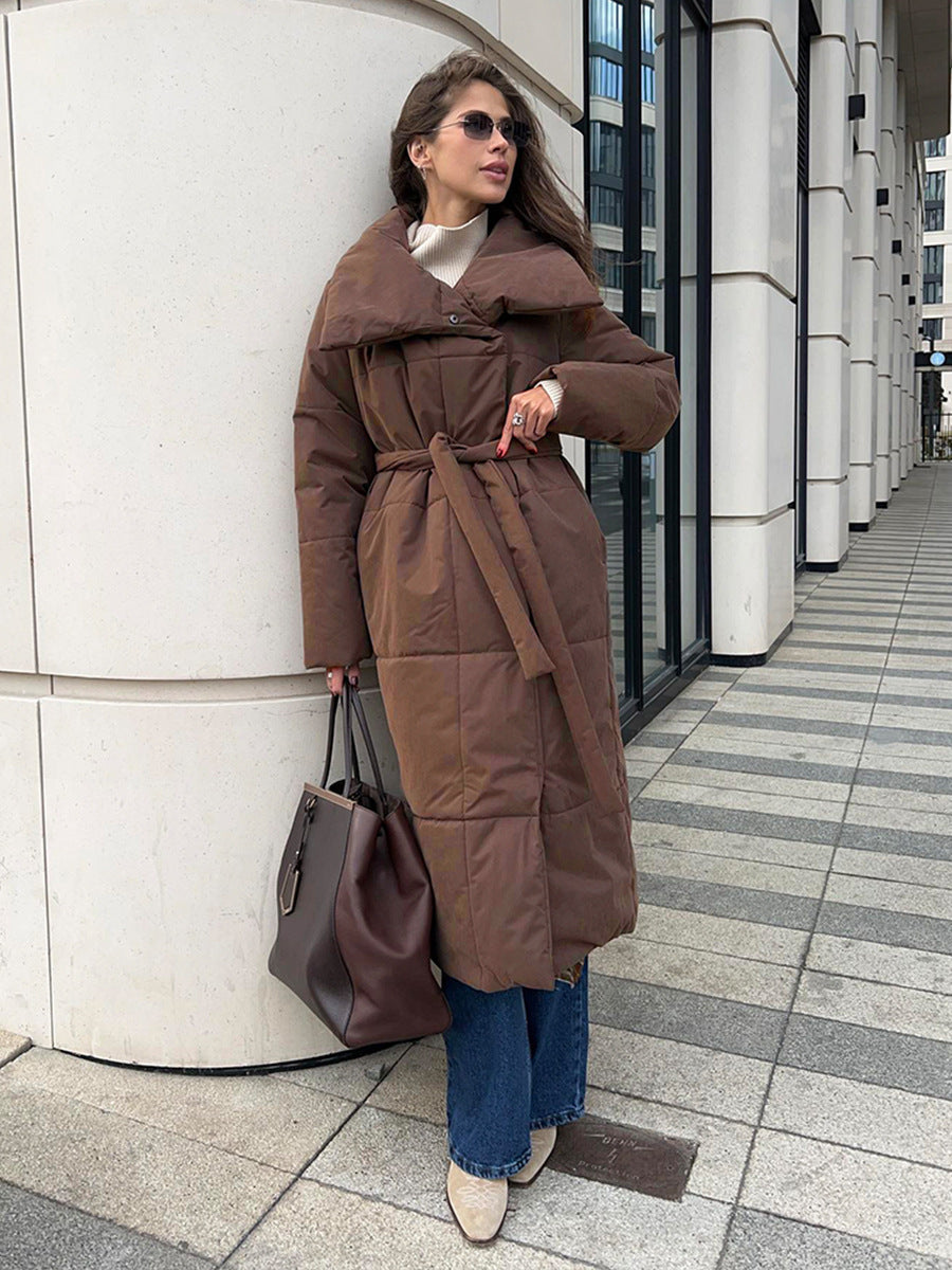 Fashion Large Lapel Long Coat Winter Warm Cotton Jacket With Pockets And Lace-up Design Casual