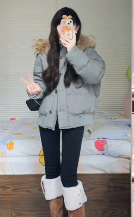 Milk Tea Color Big Fur Collar Short Down Jacket Women