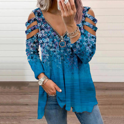 Small Floral V-neck Zipper Off-shoulder Long-sleeved Top