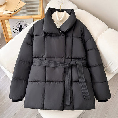 Winter Plaid Sewing Lapel Coat With Lace-up Design Fashion Loose Solid