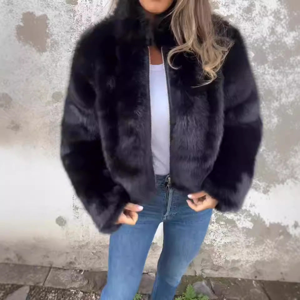 Chaqueta de felpa con cuello alto de moda para invierno informal