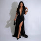 European And American Elegant Halter V-neck Dress Sexy Slit Pleated Backless Dress