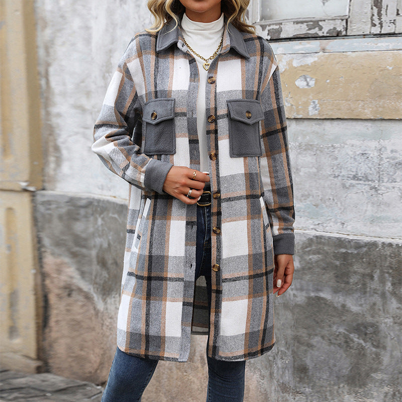 New Brushed Plaid Long Coat With Pockets Fashion Winter