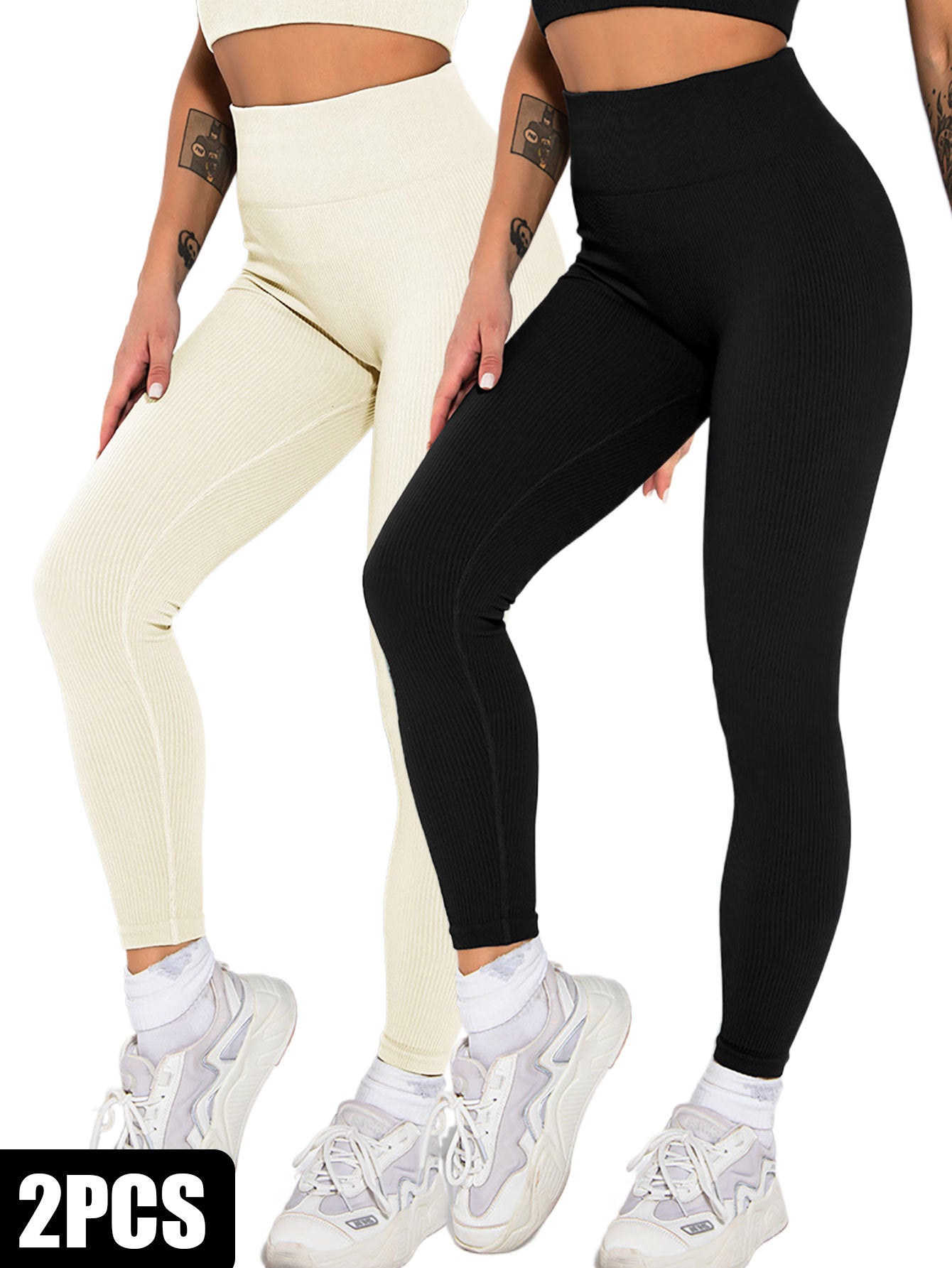 2 Pack Womens Seamless Ribbed Leggings Soft Slimming Yoga Pants, Ribbed Yoga Pants High Waisted Gym Leggings Sport Women Fitness Seamless Female