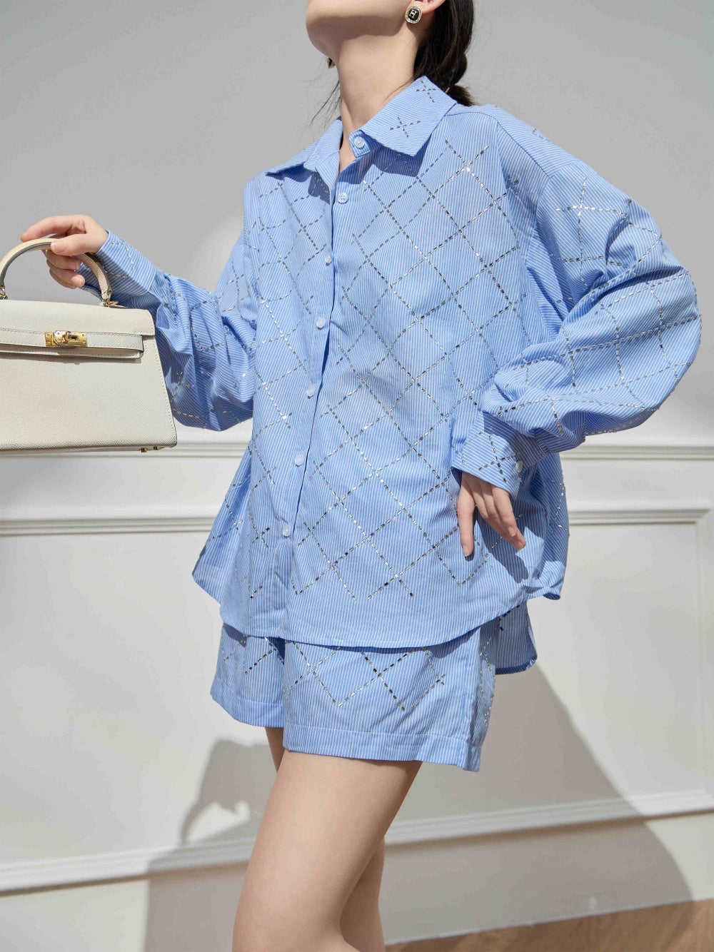 Women's Fashion Casual Blue Shirt Shorts Suit