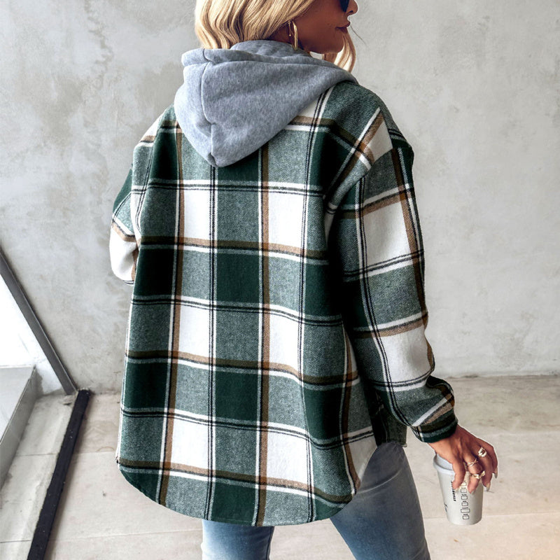 European And American Fashion Women's Wear Solid Color Plaid Hooded Jacket