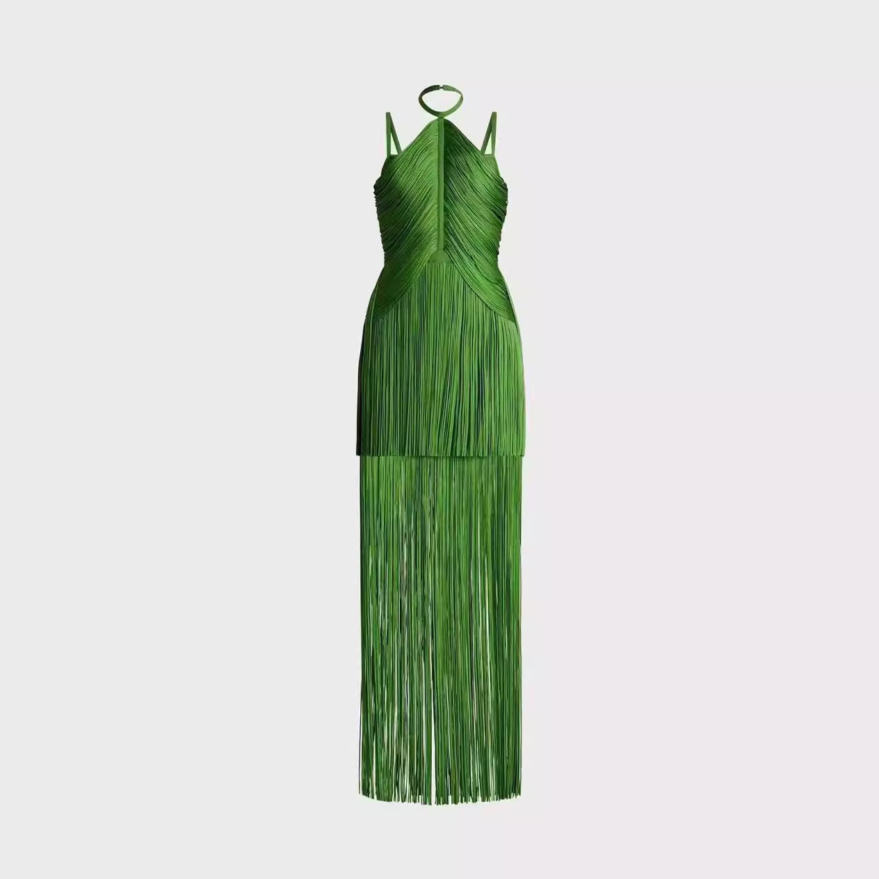 Vestido de fiesta con borlas y tirantes finos estilo halter de color verde