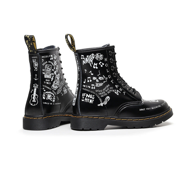 Personalisierte Stiefel aus hartem Leder mit Totenkopf-Motiv für Herren und Damen, Graffiti-Lederstiefel, Motorradschuhe mit rundem Kopf