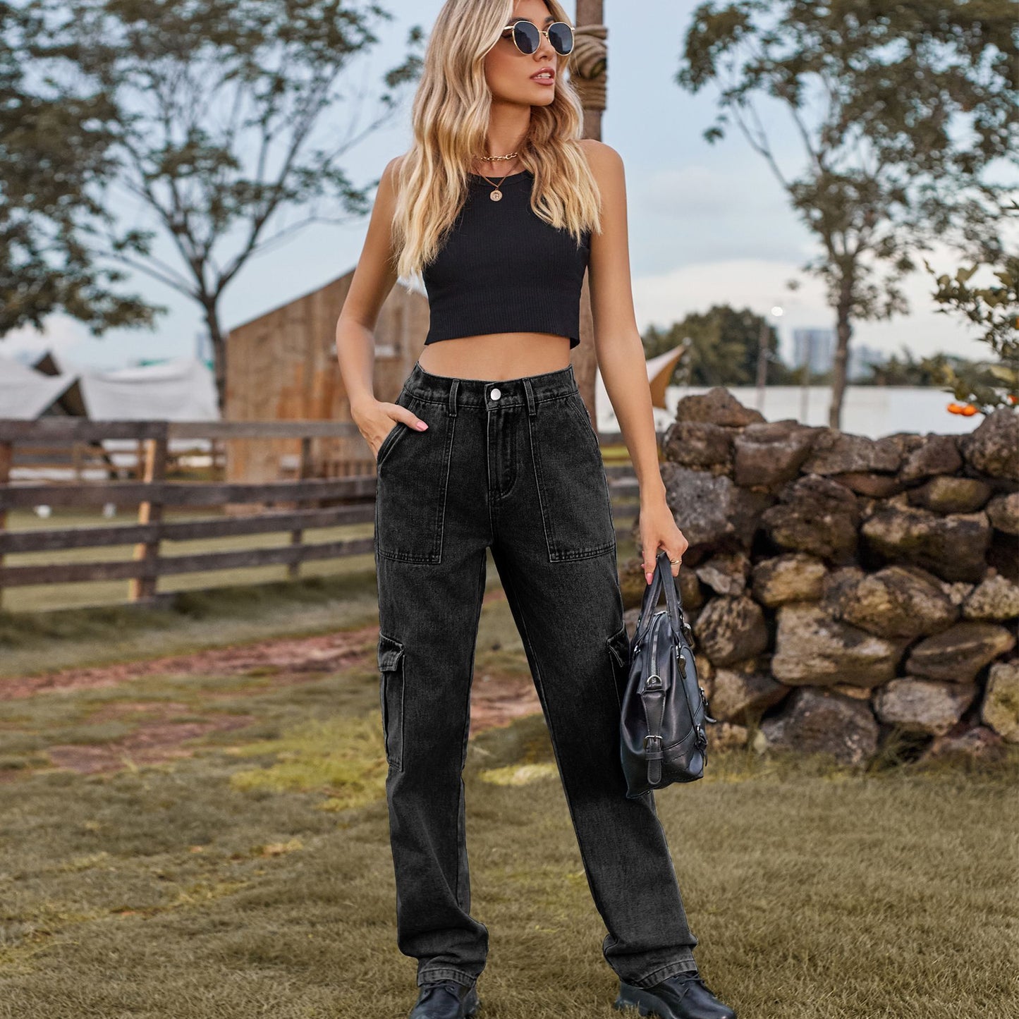 Pantalones vaqueros retro lavados con diseño elástico medio para mujer