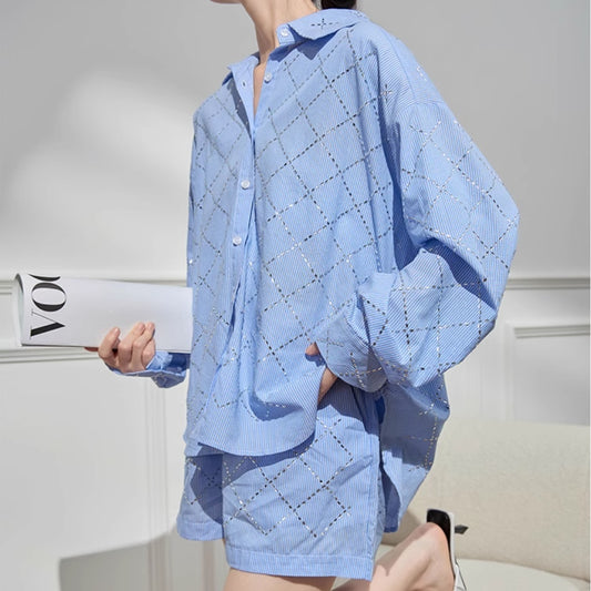 Women's Fashion Casual Blue Shirt Shorts Suit