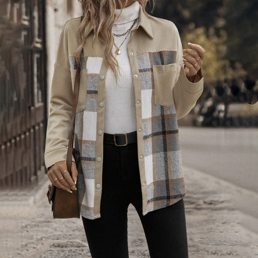 Lapel Pocket Plaid Colorblock Coat